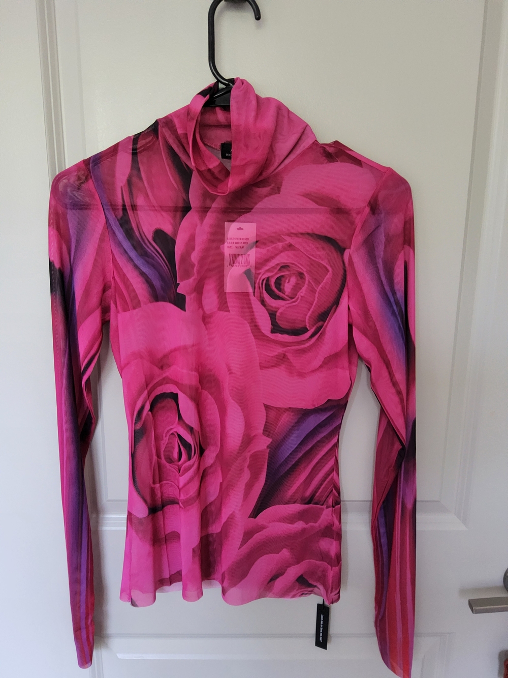 AFRM Zadie Sheer Mesh Floral 'Fushia Roses' Turtleneck Top
